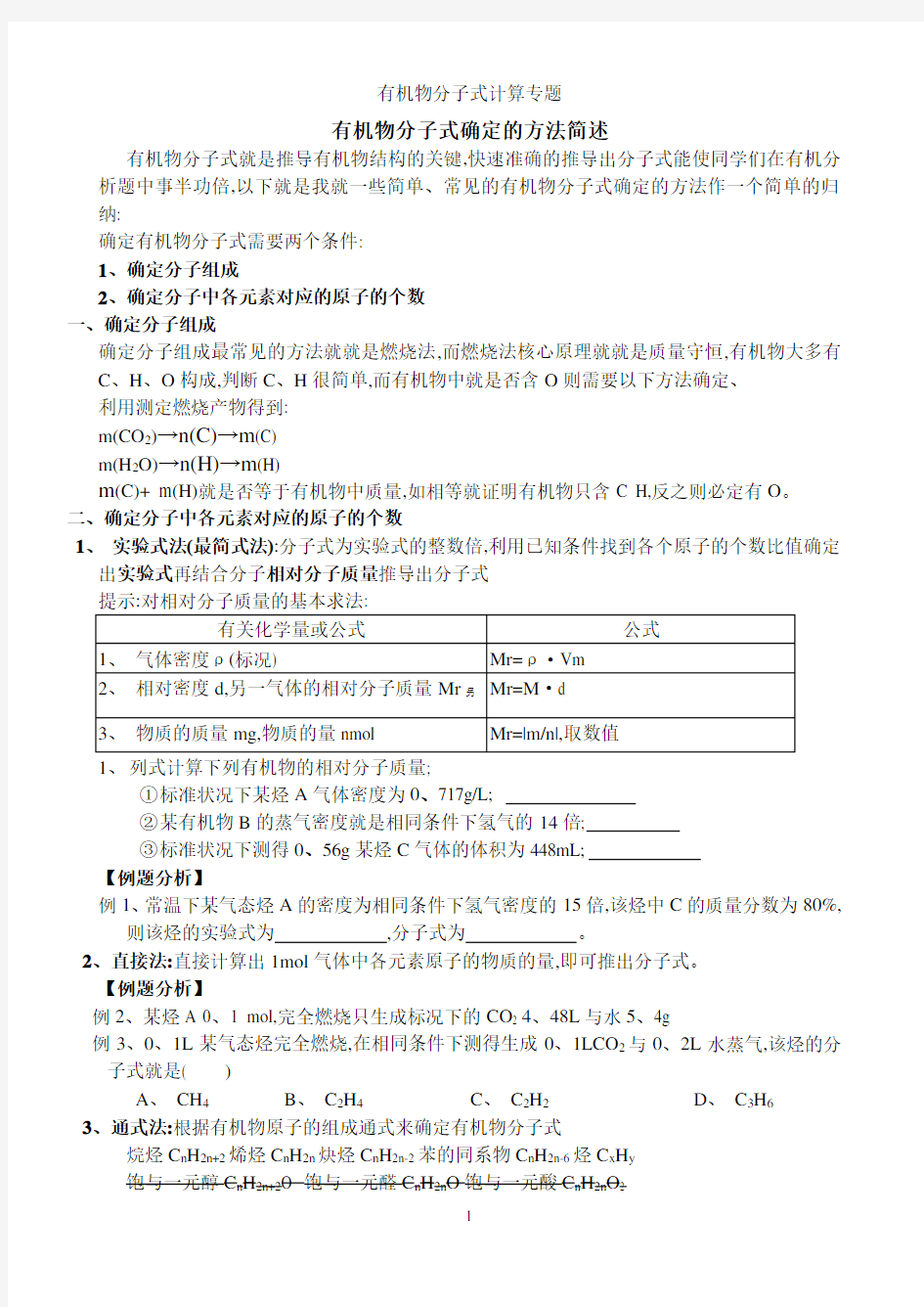 有机物分子式计算专题