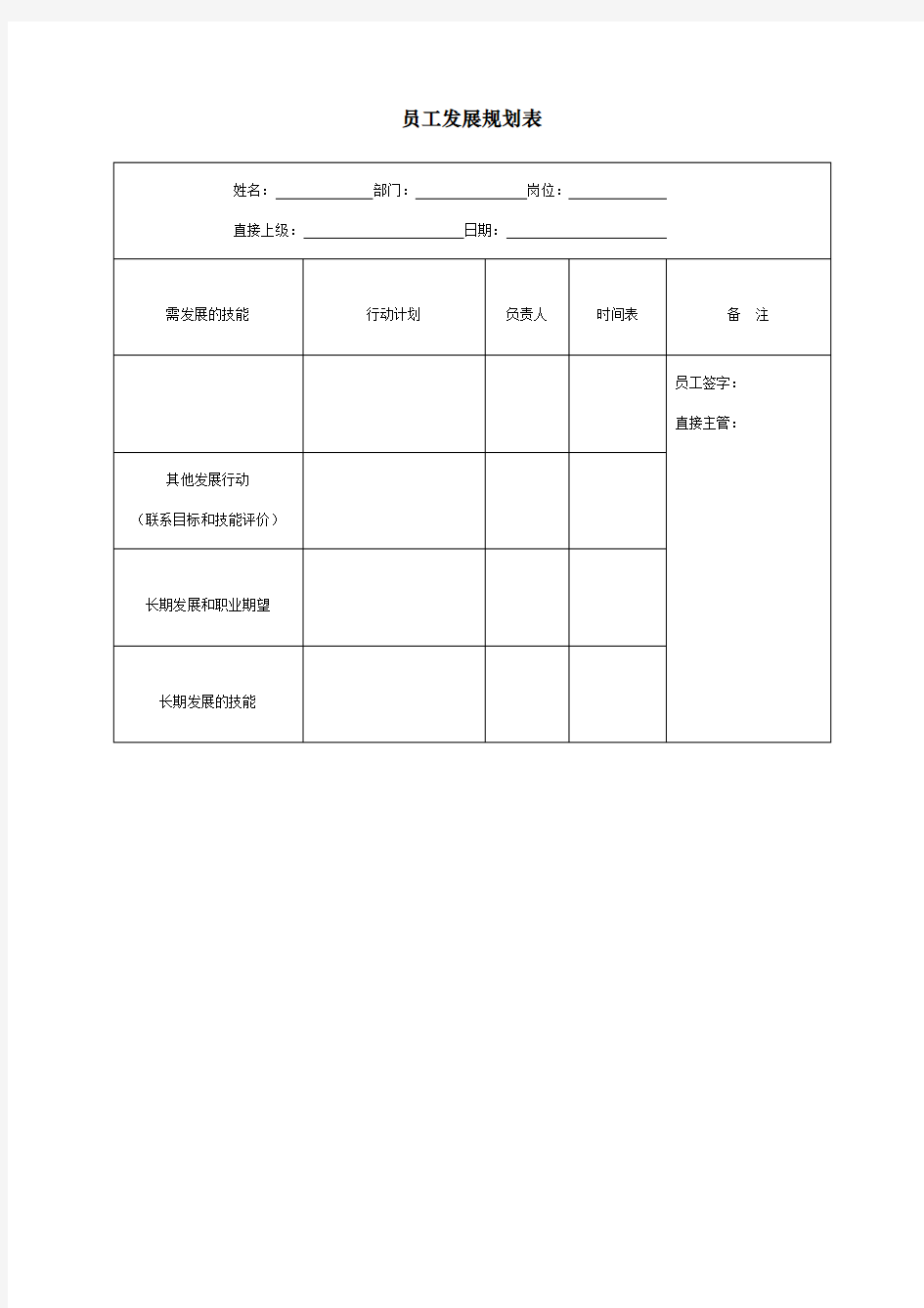 员工发展规划表表格格式