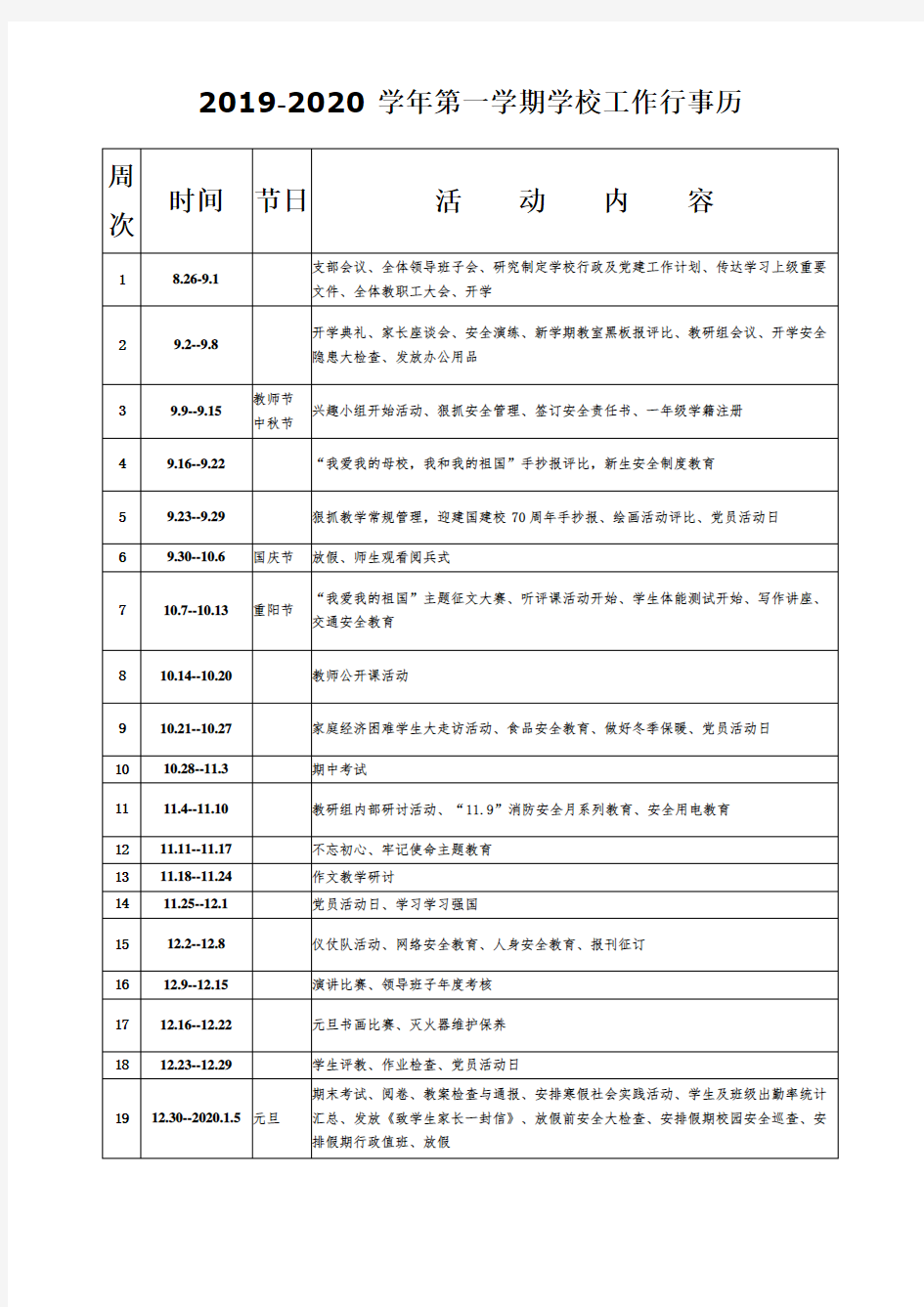 2019-2020学年第一学期学校工作行事历