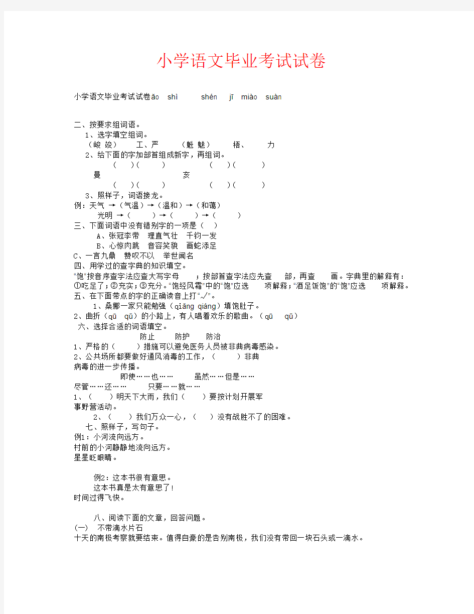 【强烈推荐】小学语文毕业考试试卷