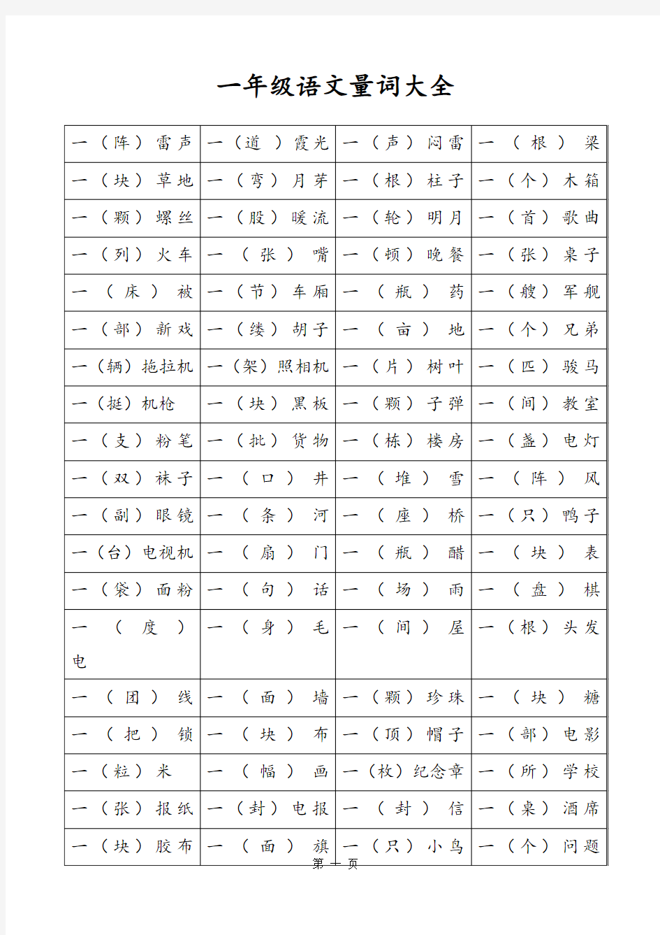 小学一年级语文量词大全电子教案