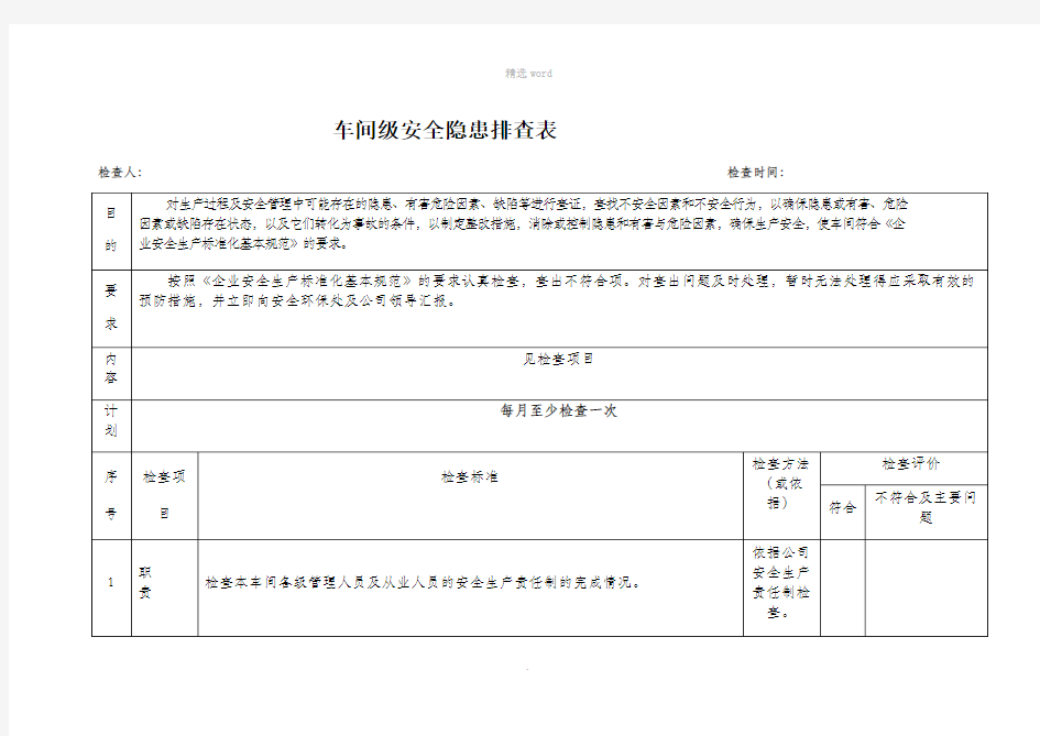 车间级安全隐患排查表