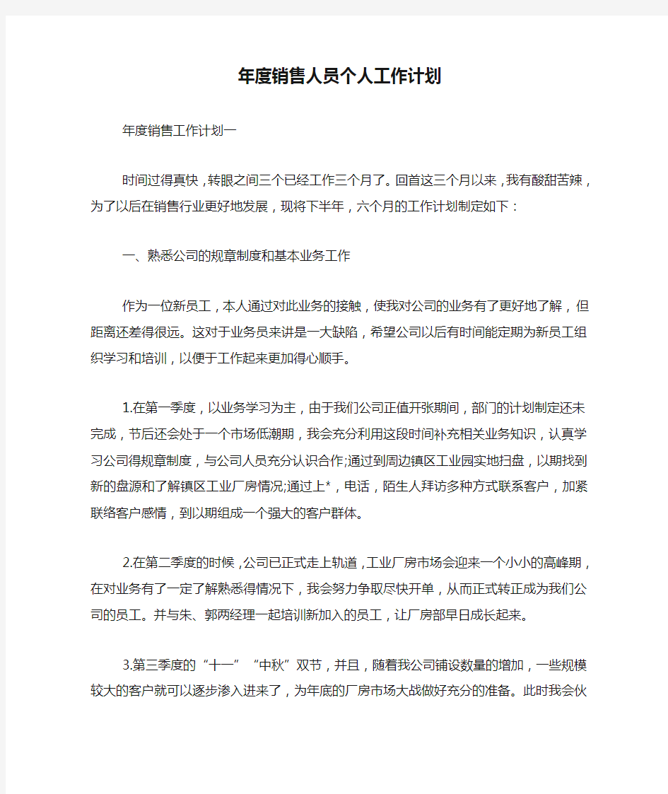 年度销售人员个人工作计划