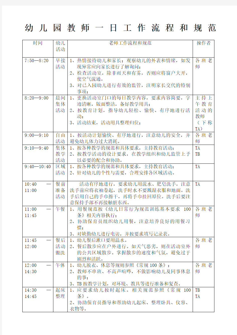 幼儿园教师一日工作流程和规范