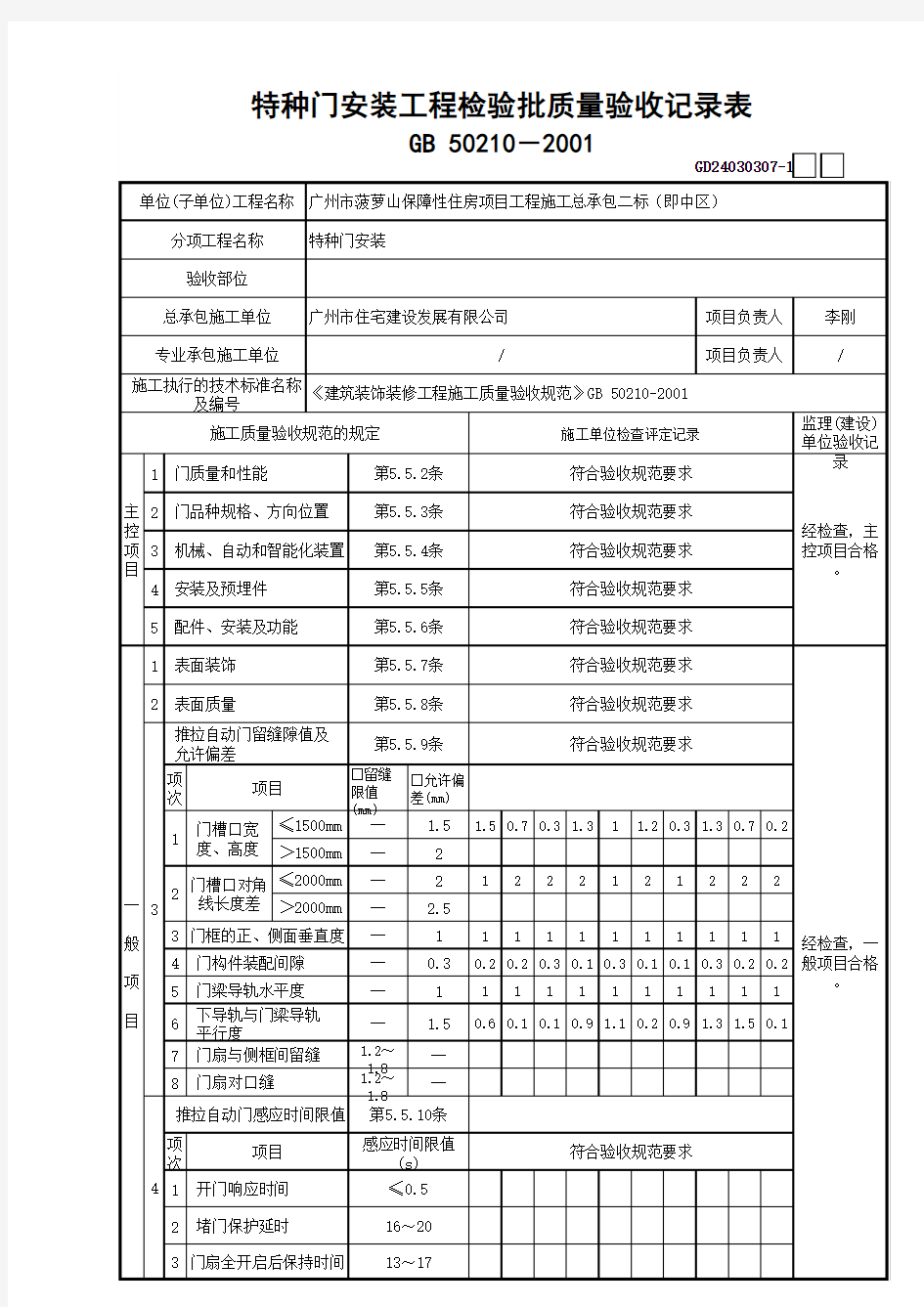 特种门安装工程检验批质量验收记录表