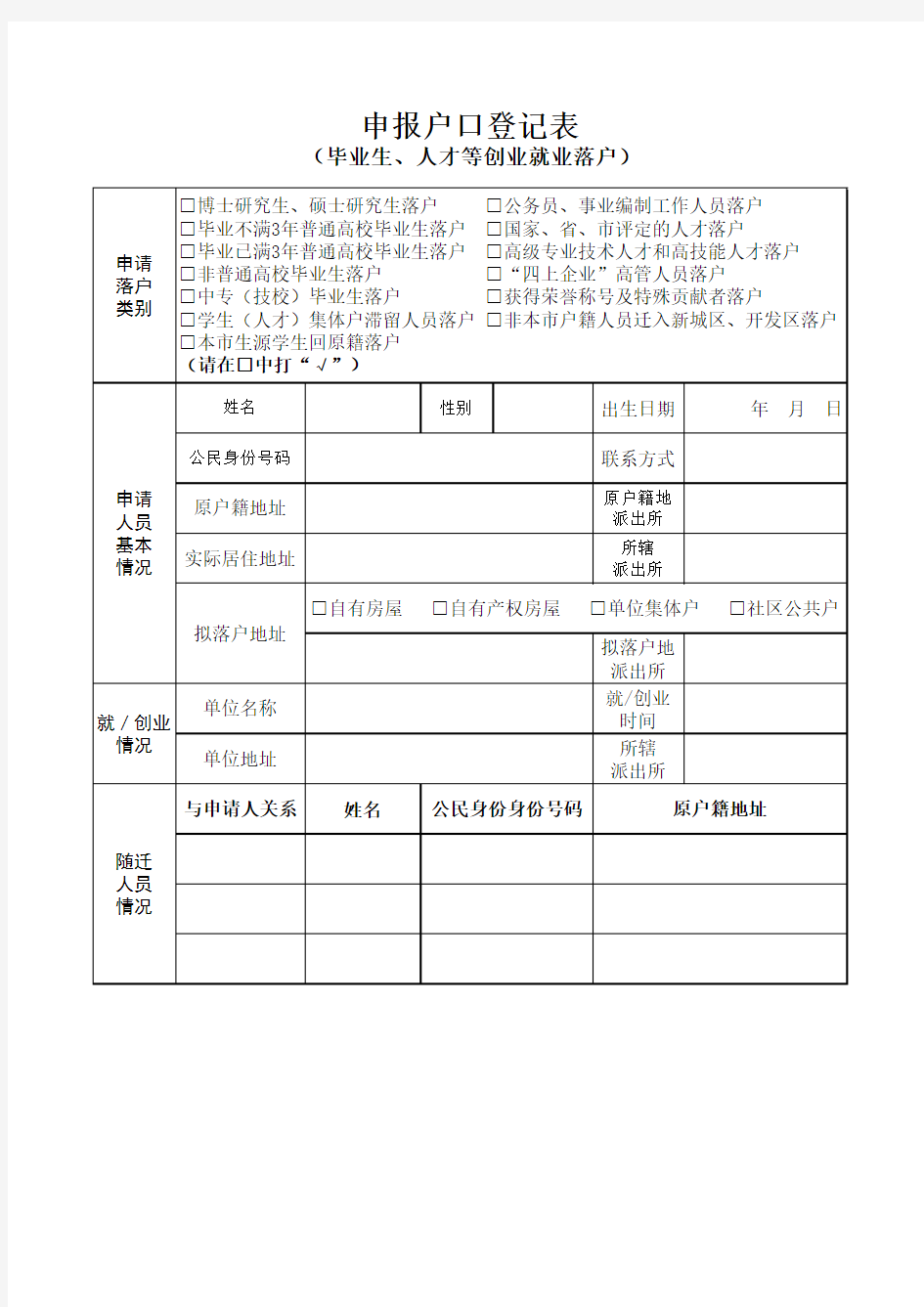 申请户口登记表