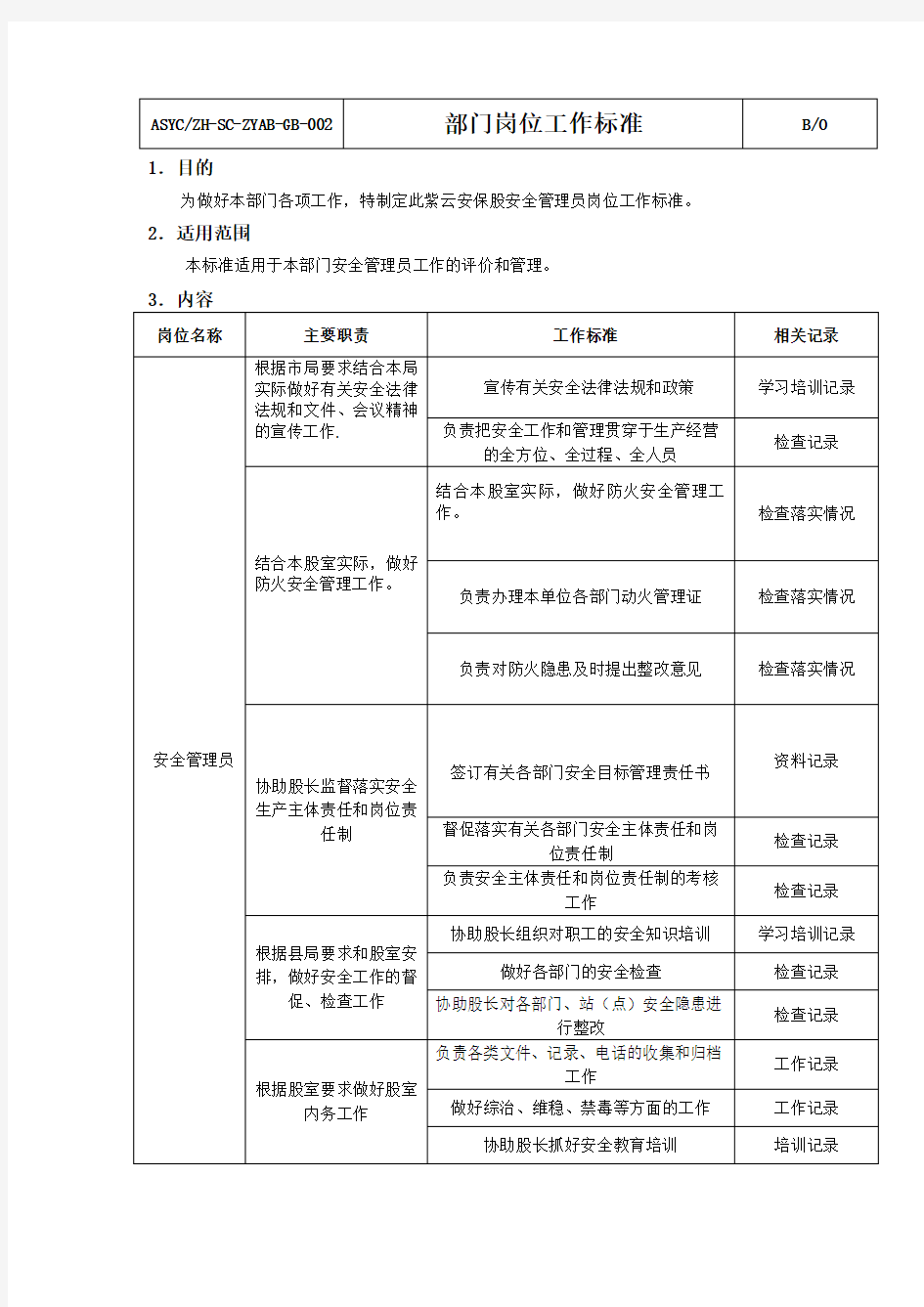 安全管理员岗位工作标准