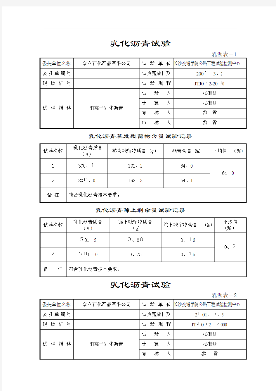 乳化沥青试验报告