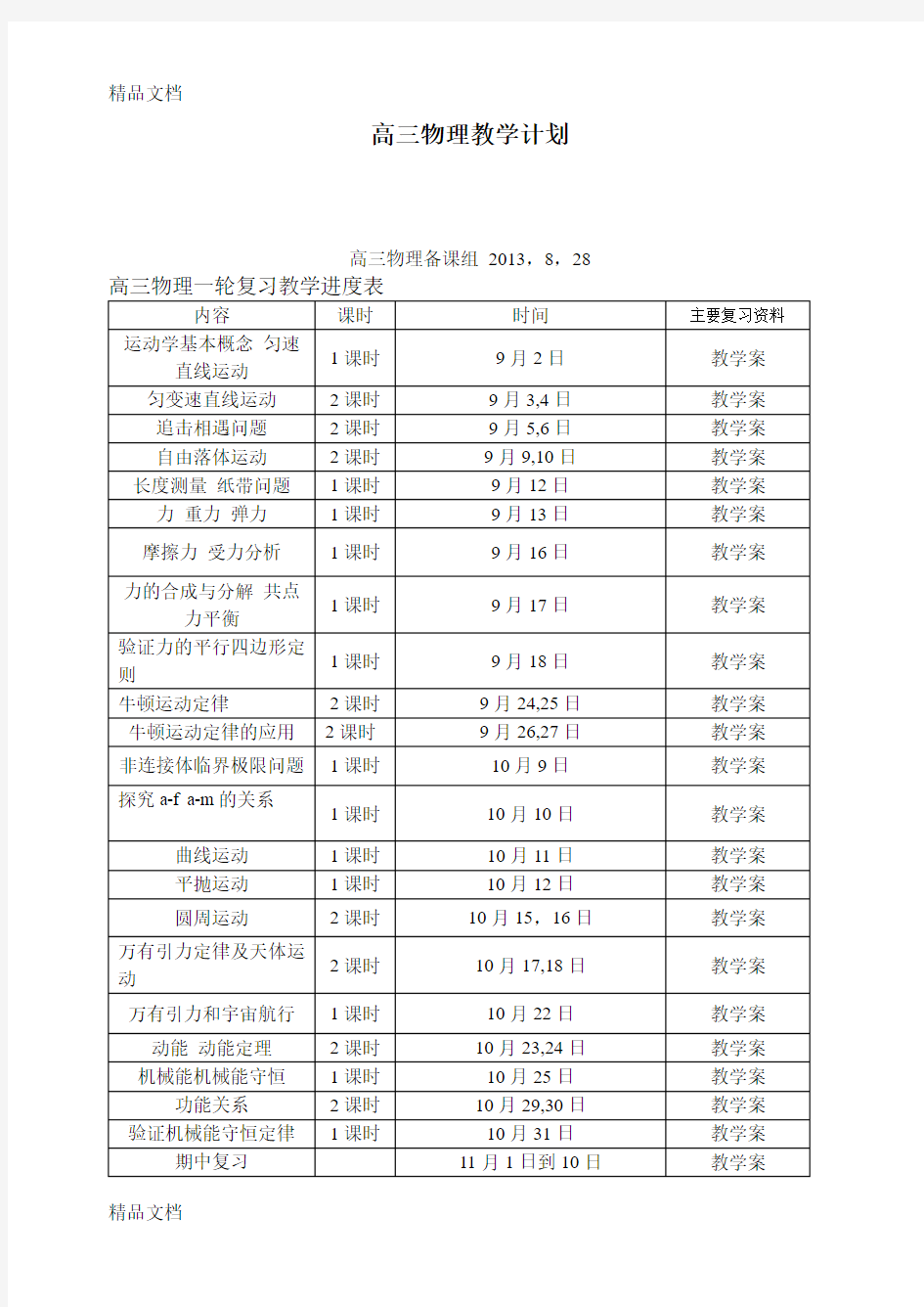 最新高三物理教学计划表