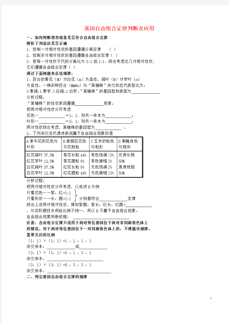 北京市高考生物总复习遗传与进化__遗传的基本规律基因自由组合定律判断及应用学案