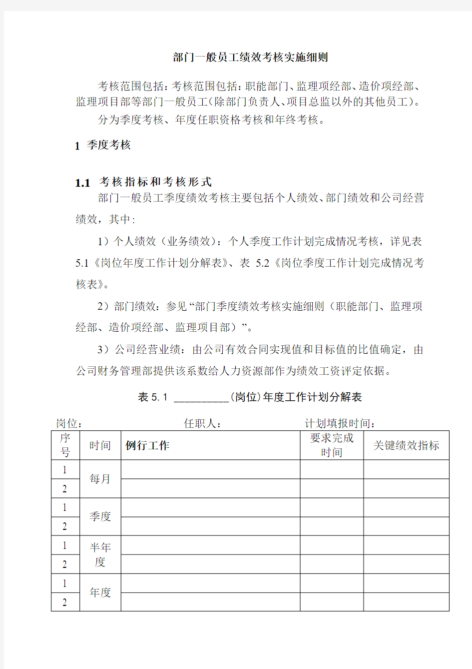 部门一般员工绩效考核实施细则