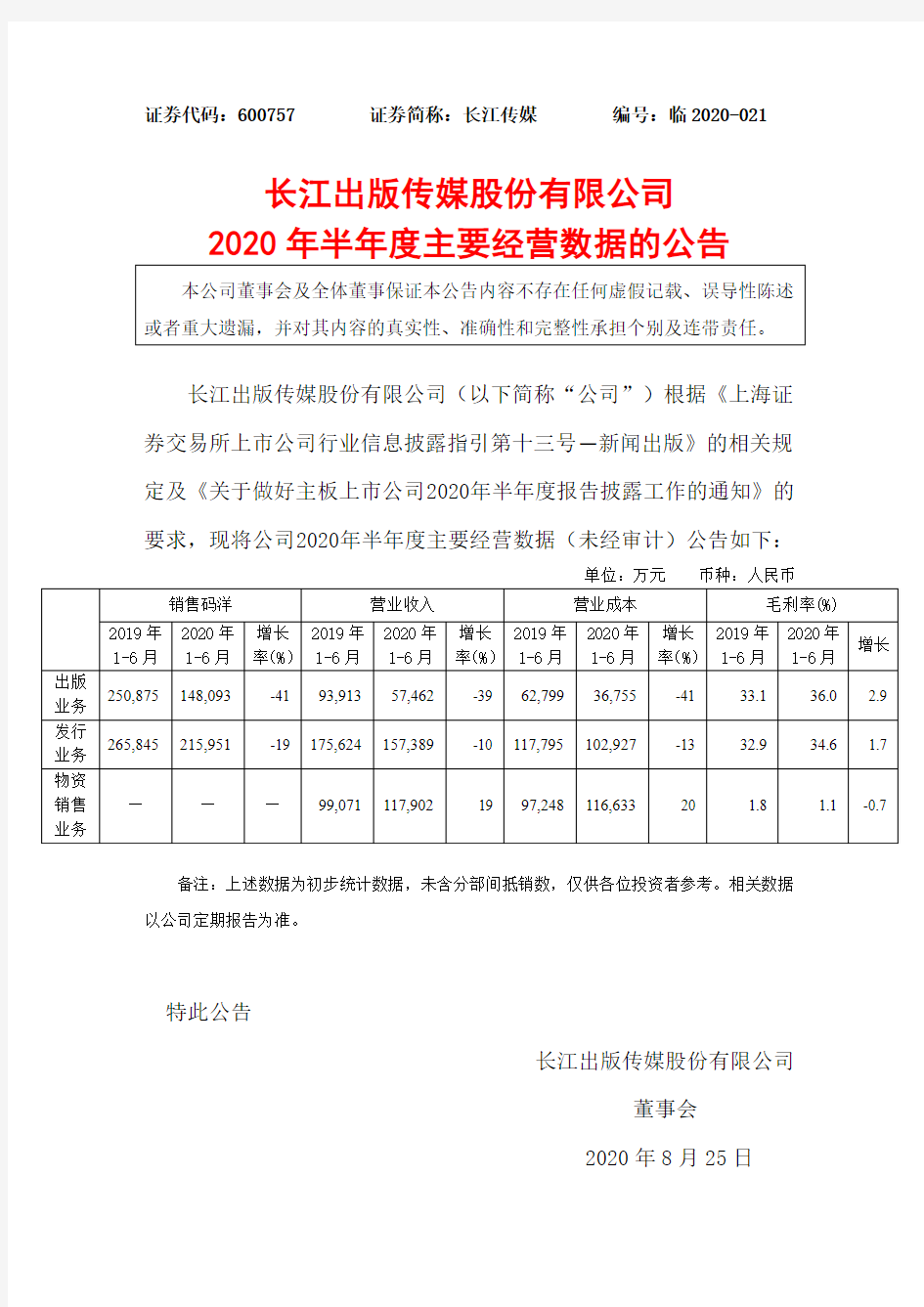 2020-08-26 长江传媒 2020年半年度主要经营数据的公告