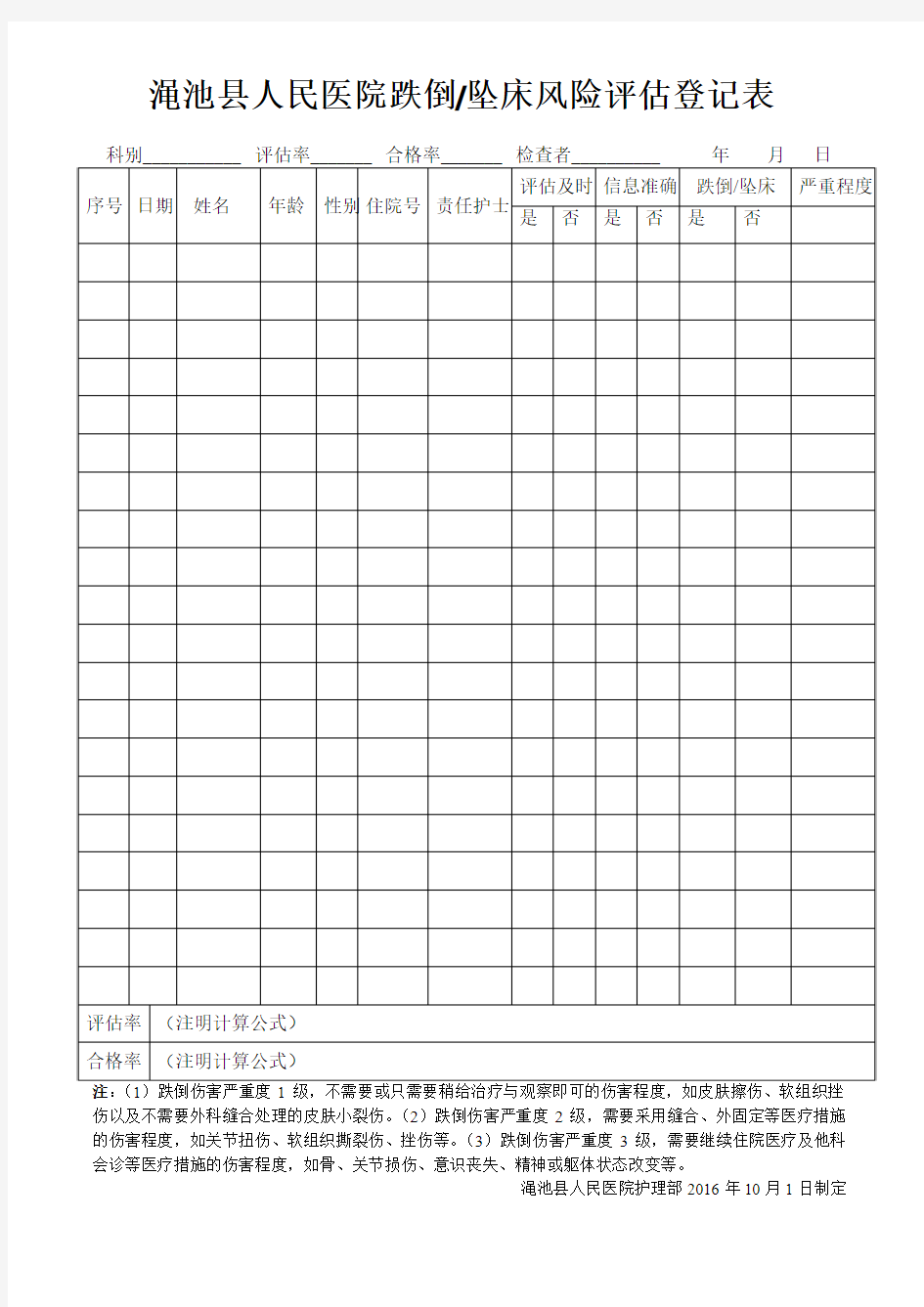 跌倒坠床风险评估登记表