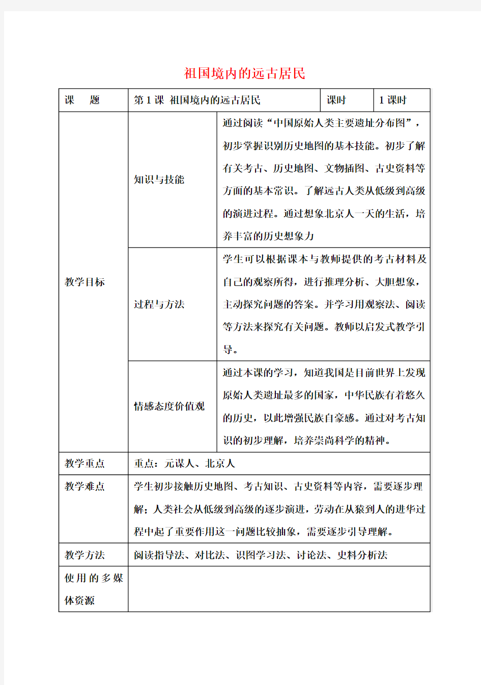 七年级历史上册第1课祖国境内的远古居民教案新人教版