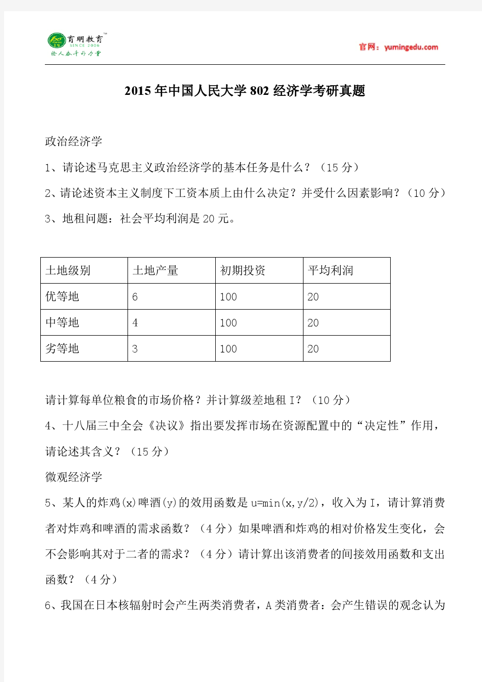 2015年中国人民大学802经济学考研真题汇总4