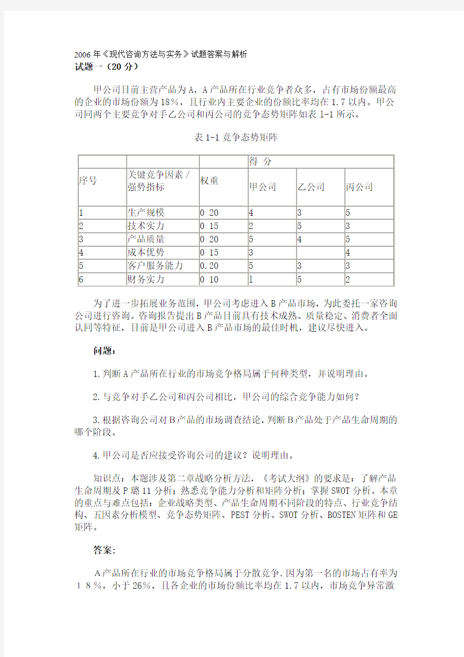 2006《现代咨询方法与实务》试题答案与解析