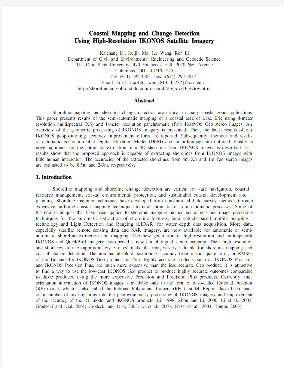 Coastal Mapping and Change Detection Using High-Resolution IKONOS Satellite Imagery