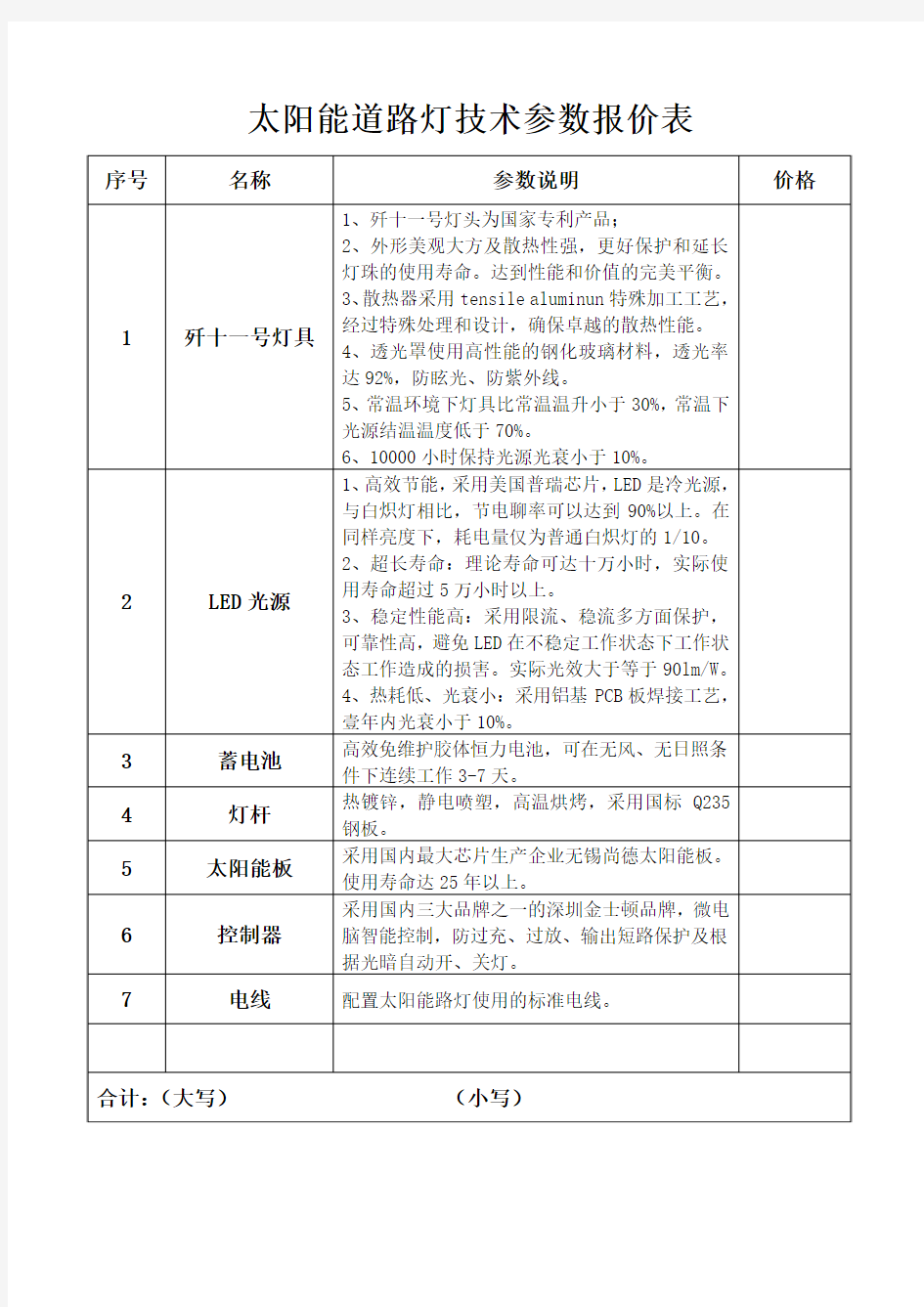 太阳能道路灯 技术参数配置表