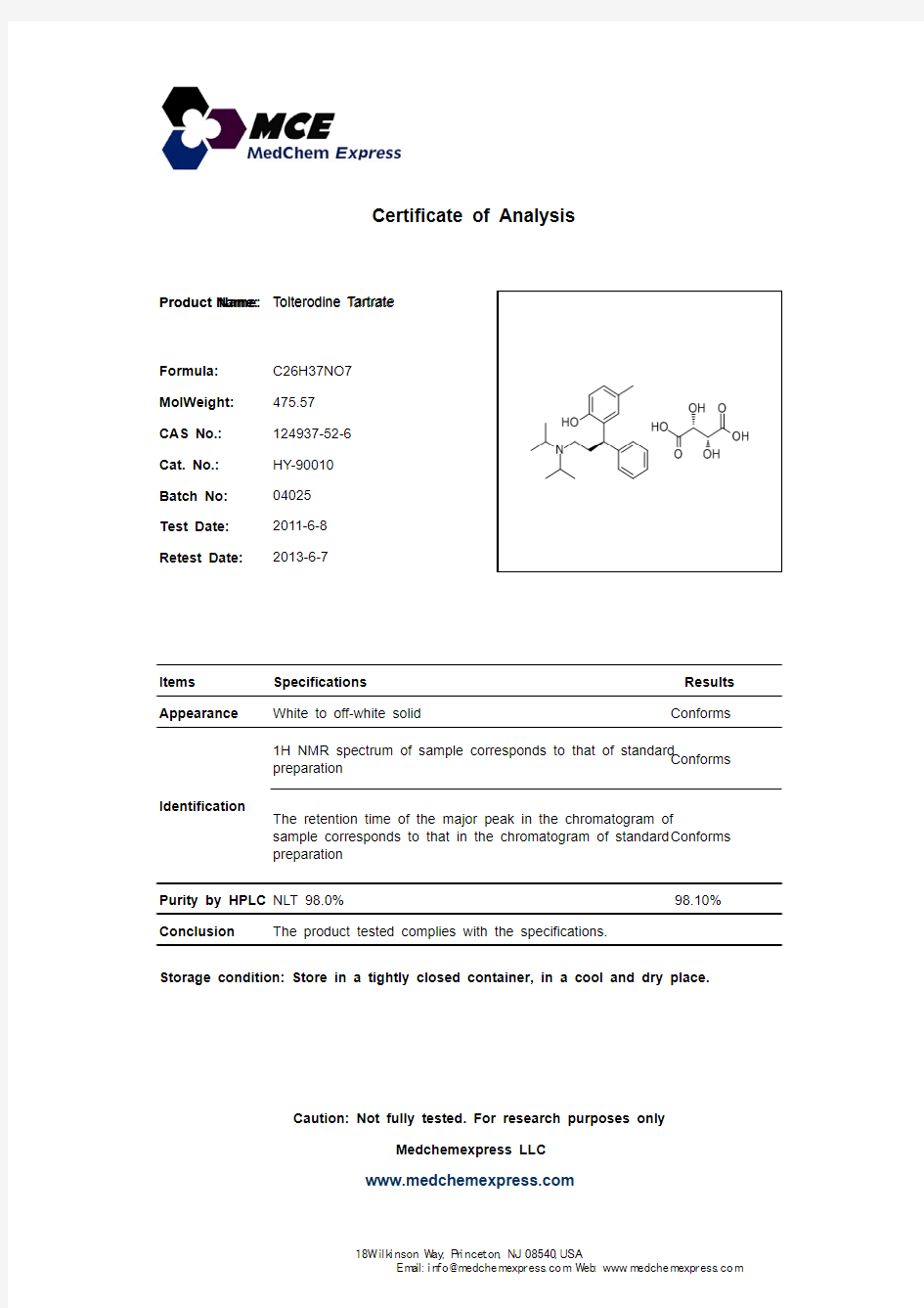 Tolterodine Tartrate_124937-52-6_CoA_MedChemExpress