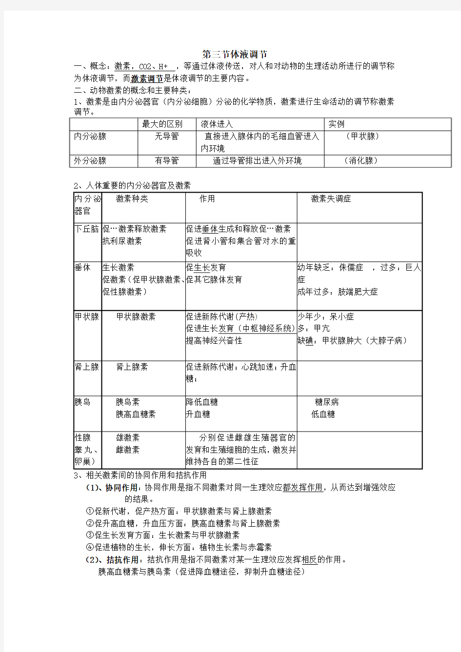 体液调节知识点