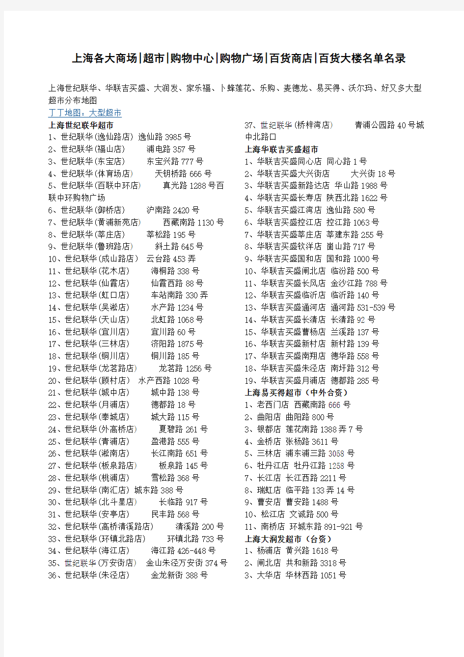 上海各大商场超市购物中心购物广场百货商店百货大楼名单名录