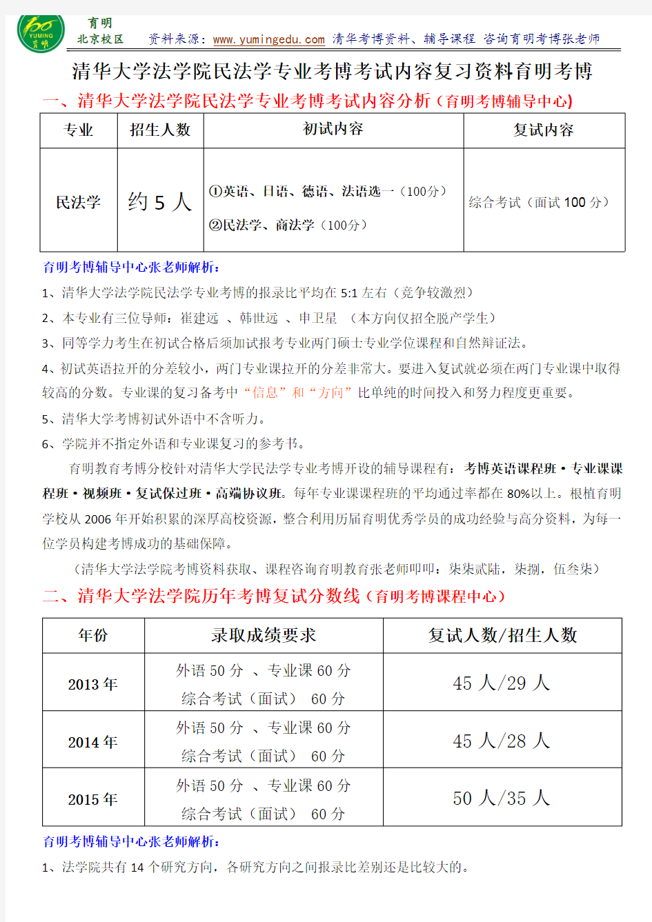 清华大学民法学专业考博真题解析考试内容复习资料分数线经验分享-育明考博