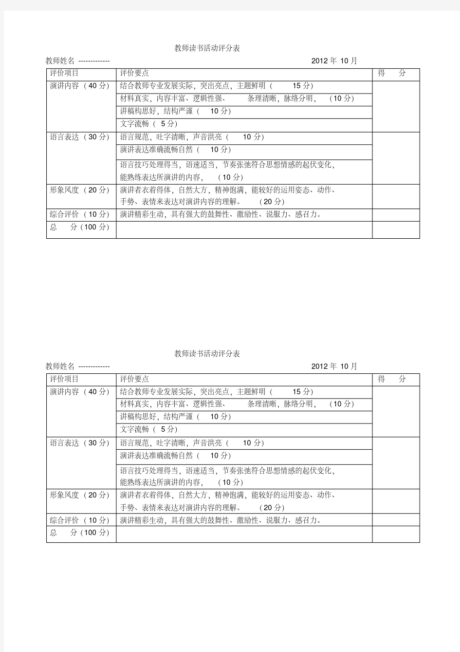 教师读书活动评分表