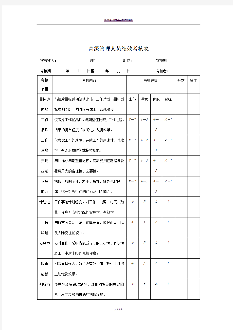 高级管理人员绩效考核表