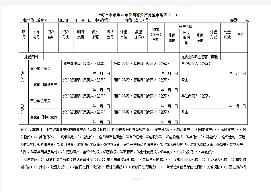 上海市市级事业单位国有资产处置申请表(二)