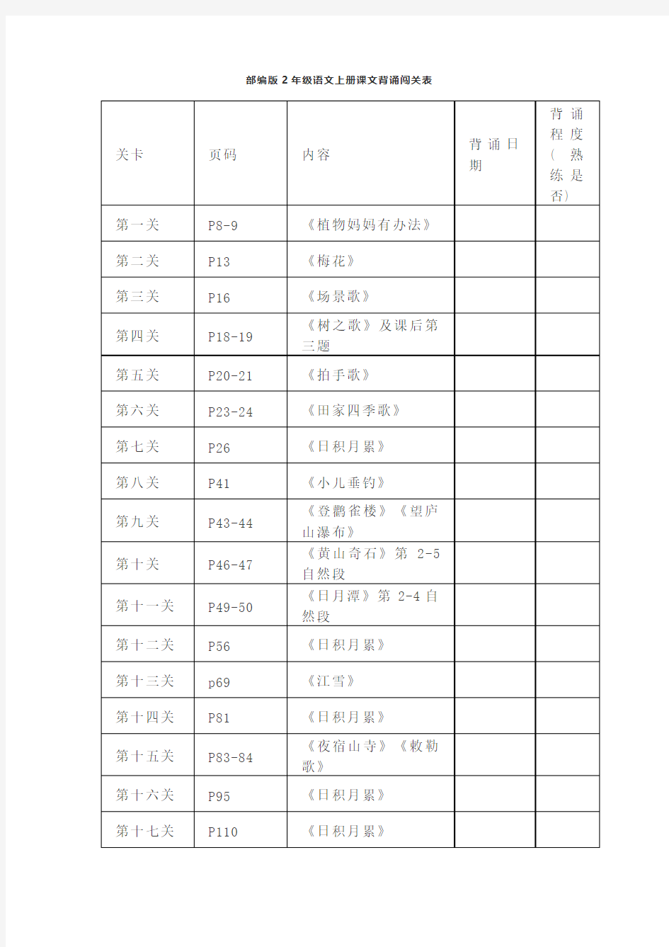 部编版二年级上册背诵课文内容及闯关表