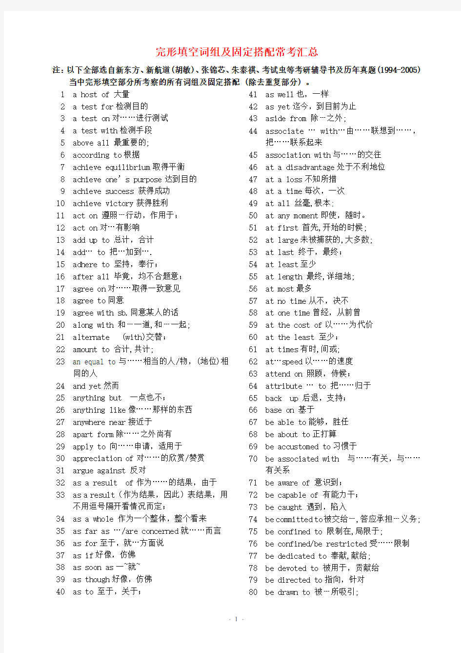 高考英语完形填空词组及固定搭配常考汇总