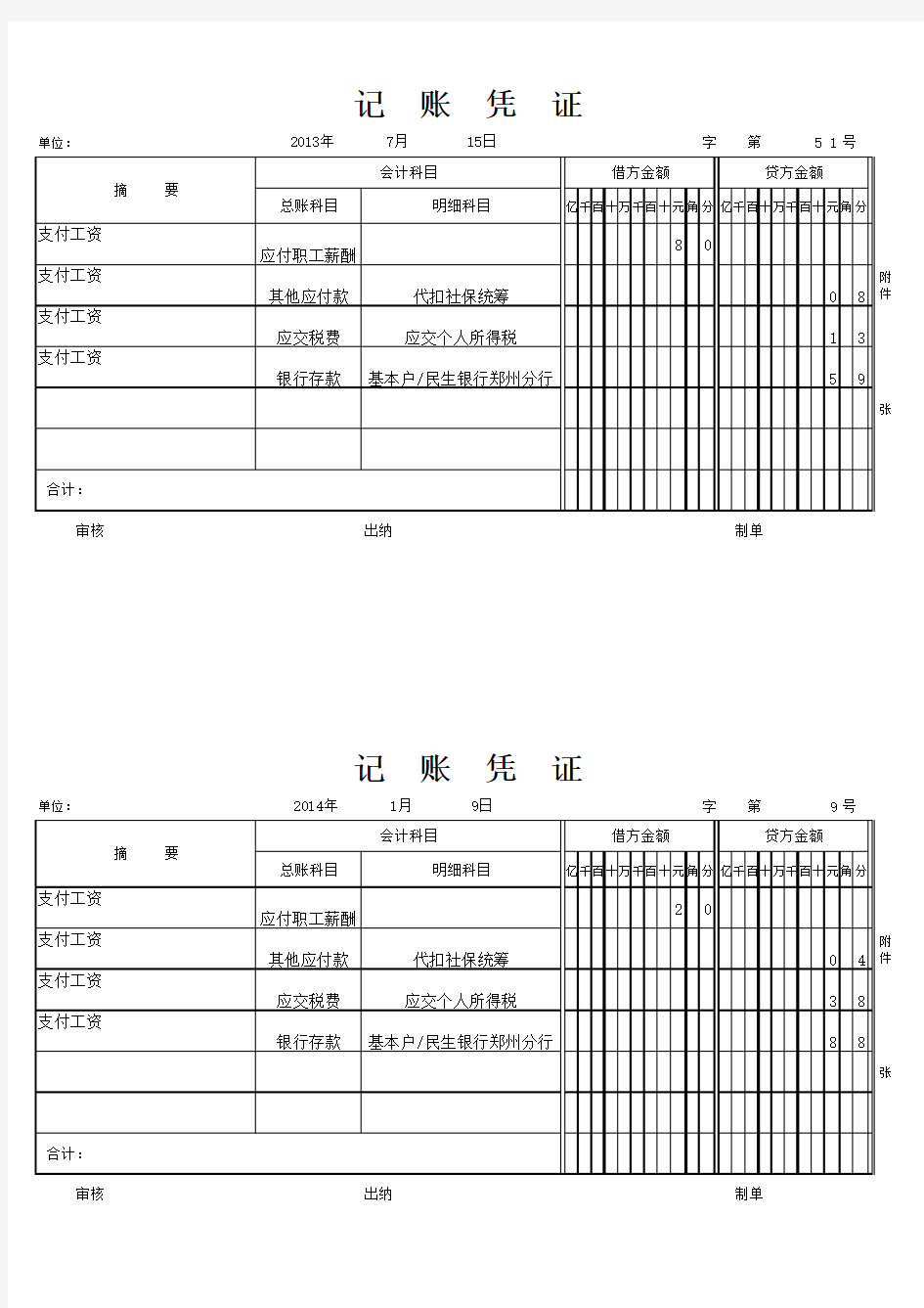 会计记账凭证样本