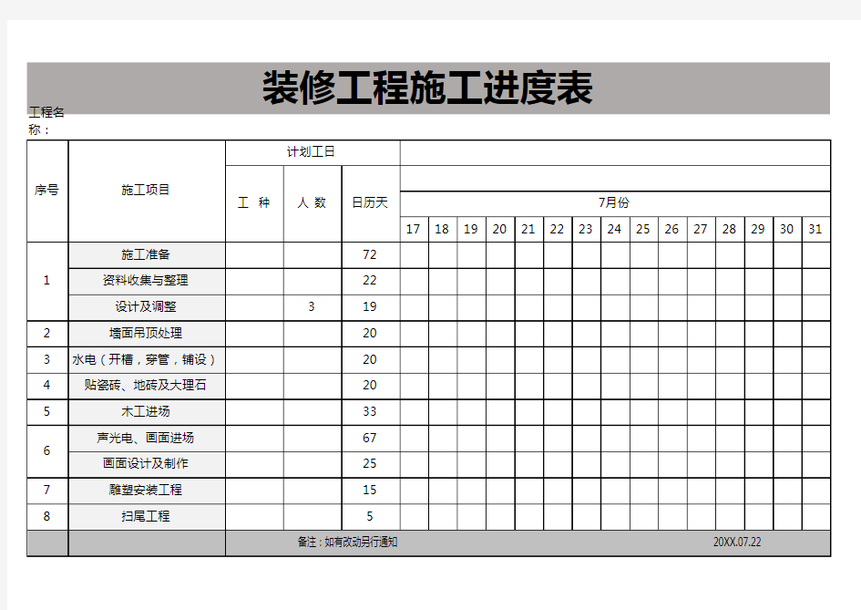 超详细装修工程施工进度表EXCEL模板