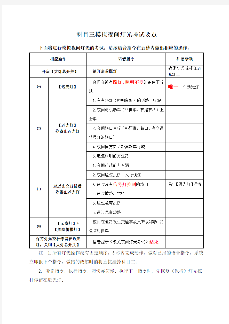 科目三模拟夜间灯光考试要点