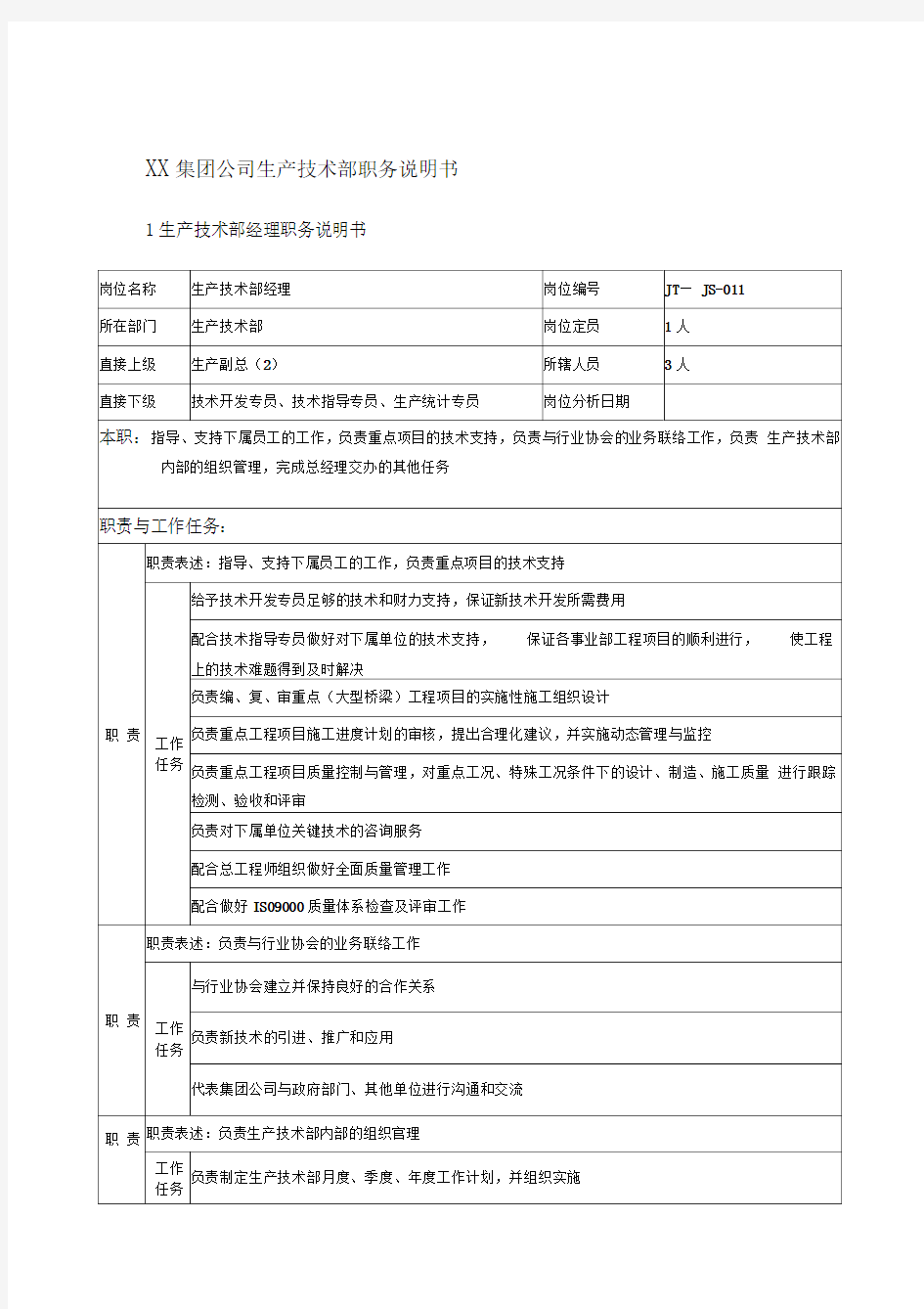 XX集团公司生产技术部职务说明书