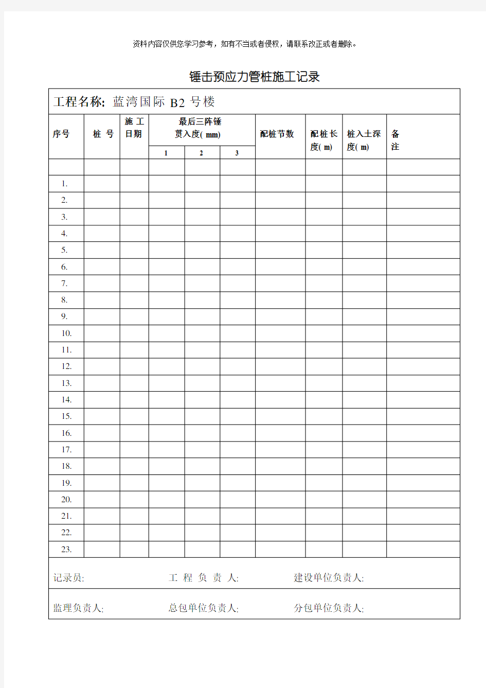 锤击预应力管桩施工记录格式模板