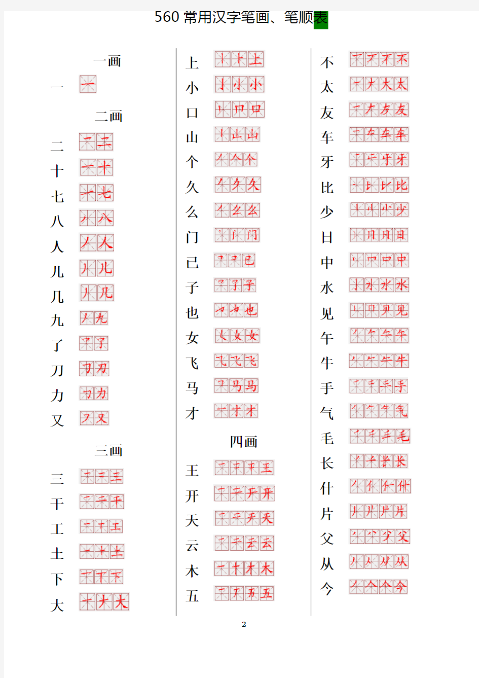 560常用汉字笔画笔顺表