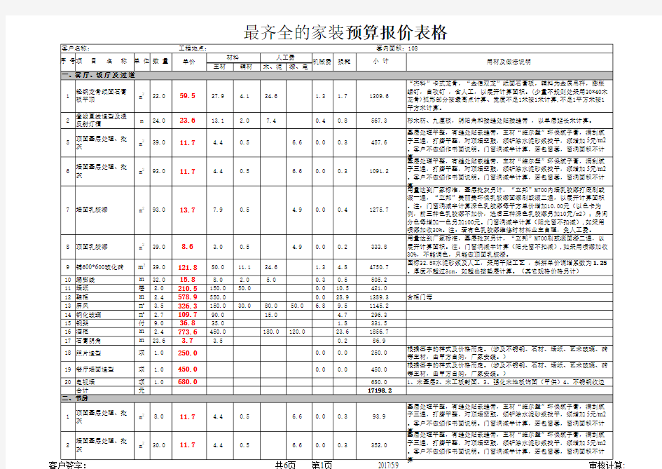 家装预算报价表格