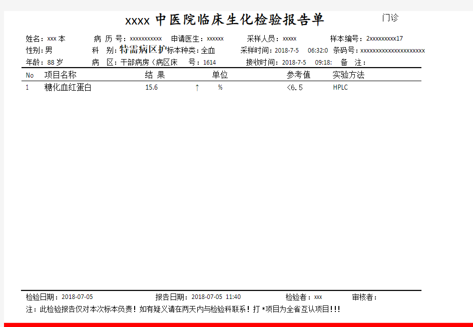 中医院临床生化检验报告单