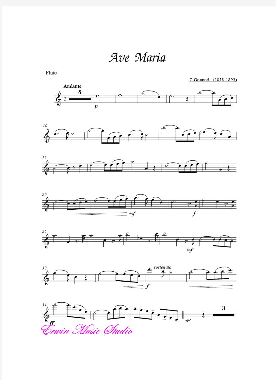 Flute古诺《圣母颂》长笛曲谱+小提琴曲谱 C.Gounod  Ave Maria