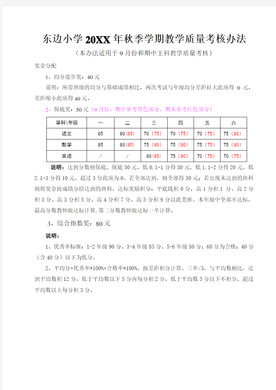 东边小学20XX年秋季学期教学质量考核办法