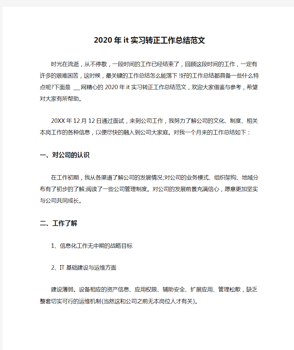 2020年it实习转正工作总结范文