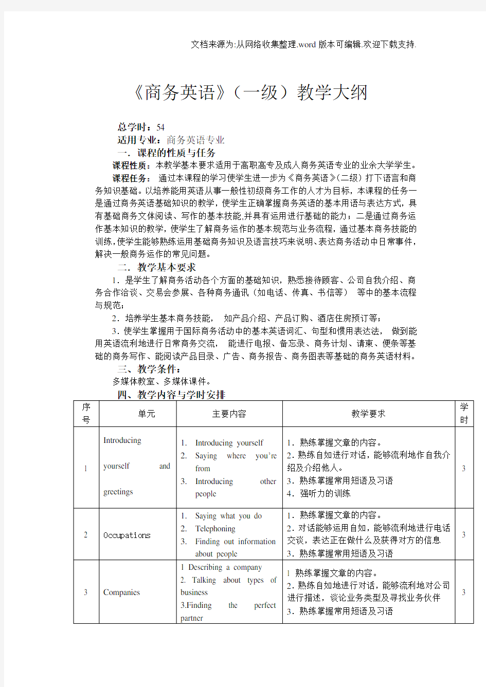 商务英语一级教学大纲