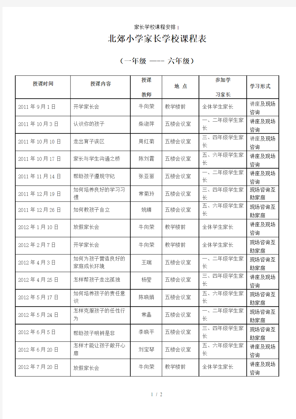 家长学校课程安排