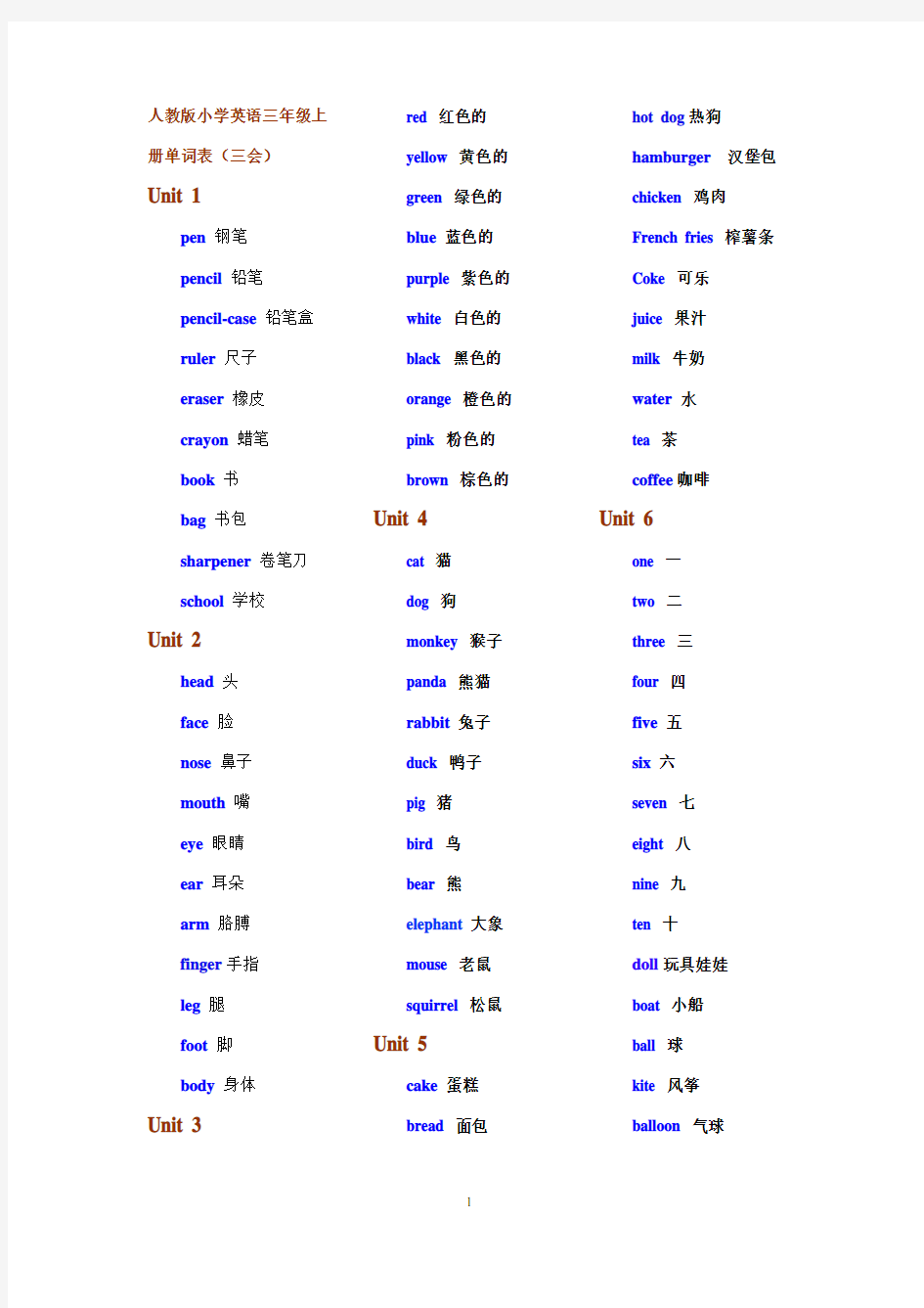 (完整版)人教版小学英语三年级上册单词表[新]