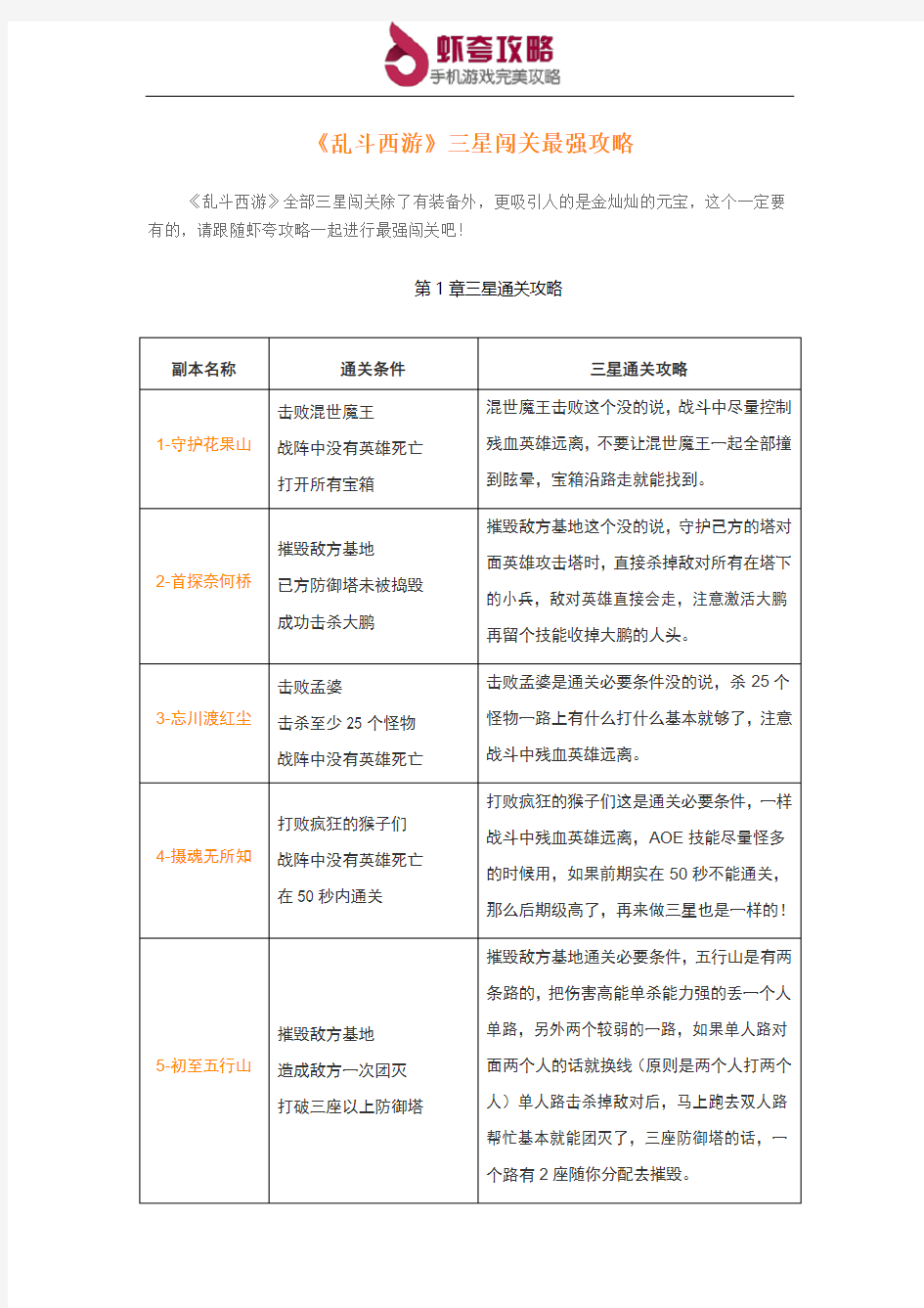 《乱斗西游》三星闯关攻略