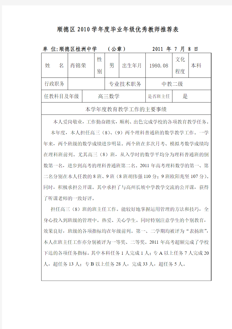 顺德区2010学年度优秀教师及优秀备课组推荐表(肖锦荣)