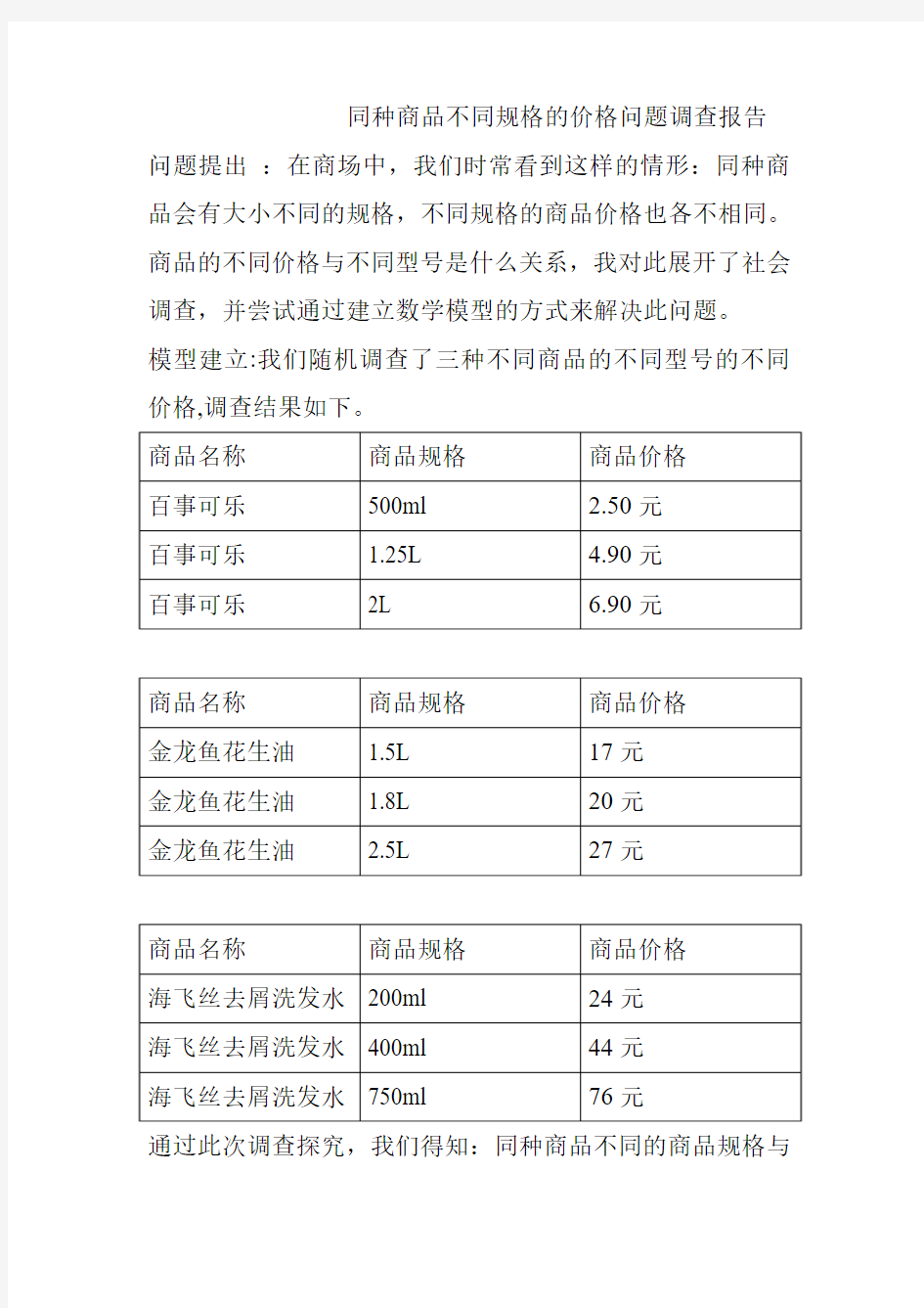 同种商品不同规格的价格问题调查报告