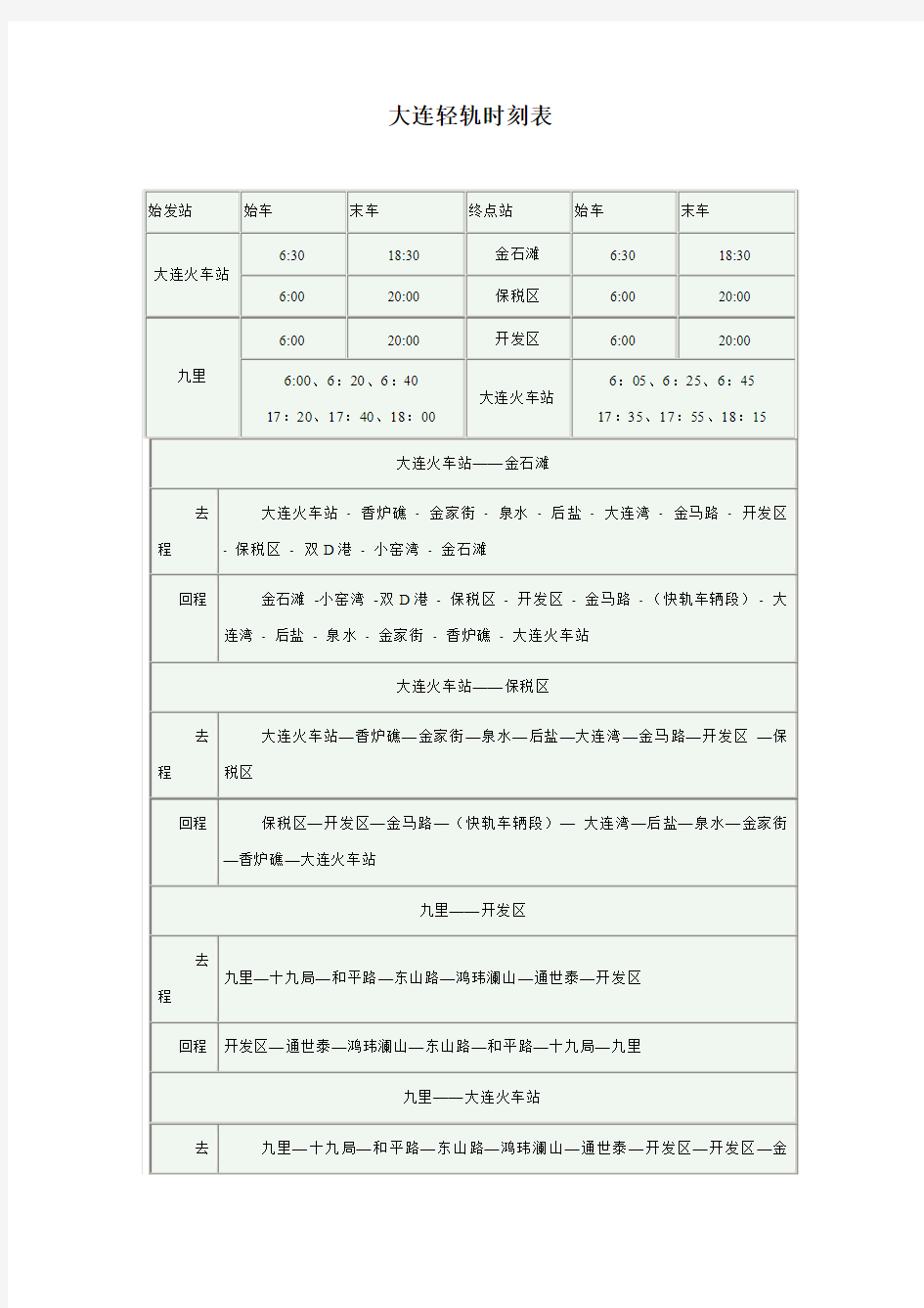 大连轻轨时刻表