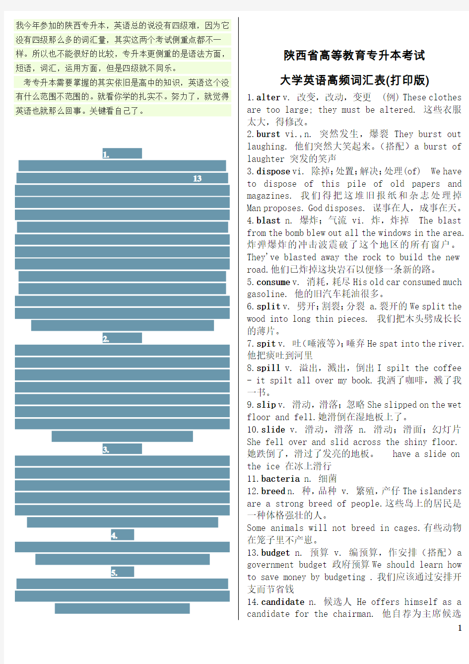 陕西省专升本考试大学英语高频词汇表(打印版)